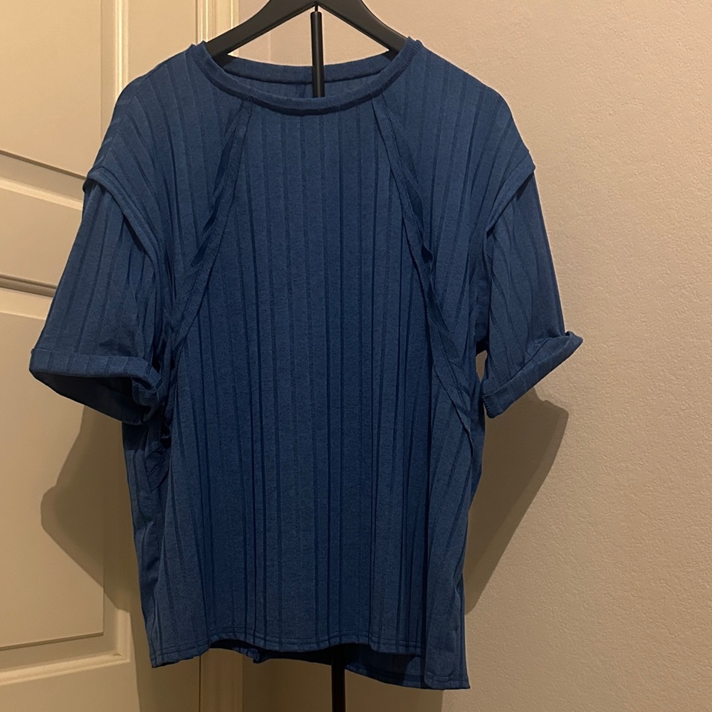 Navy Ribbed Short Sleeve Women's Top